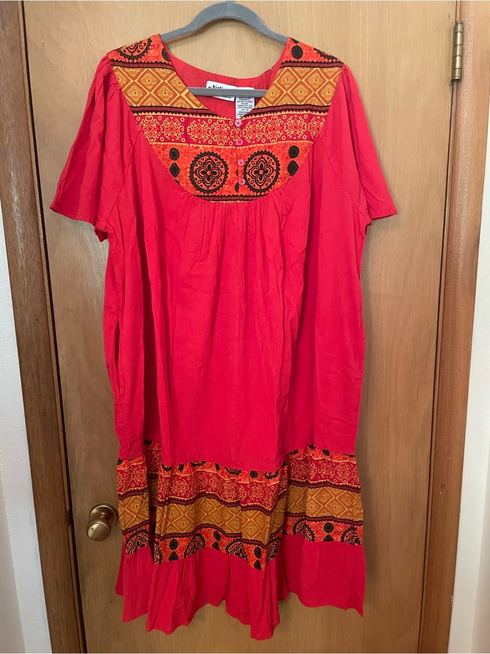 Vtg National Red Ethnic Tribal Pattern Cotton Dress Size 1X